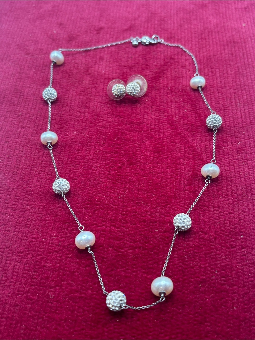 925 Sterling Silver Pearl Crystal Necklace & Earring Set